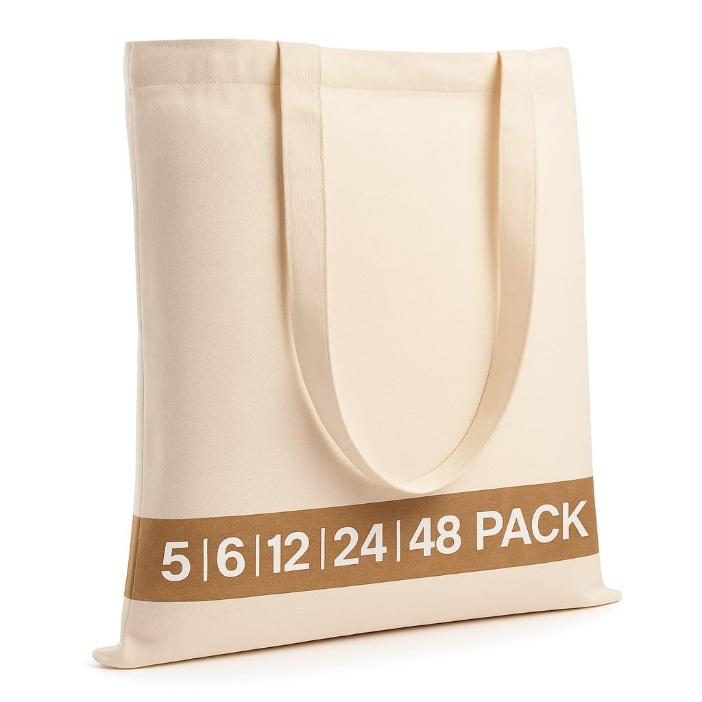 Salt Earth Pack of 5 | 6 | 12 | 24 | 48 – 100% Cotton Reusable Tote Bags – Bulk Grocery, Shopping, DIY, Beach & Gift Use (Natural)
