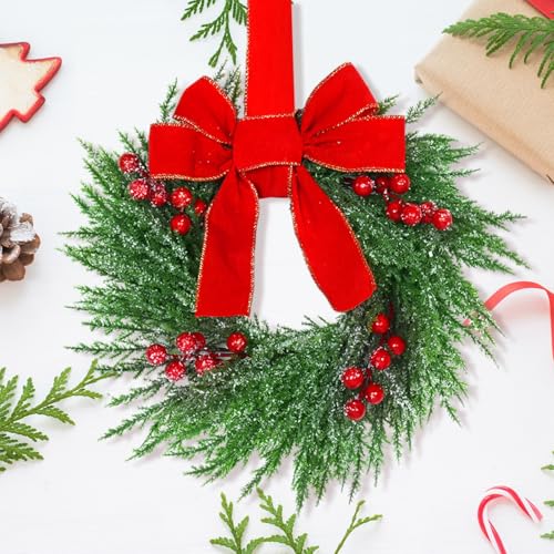 12-Inch Mini Christmas Wreaths for Cabinets with Red Bows, Set of 4