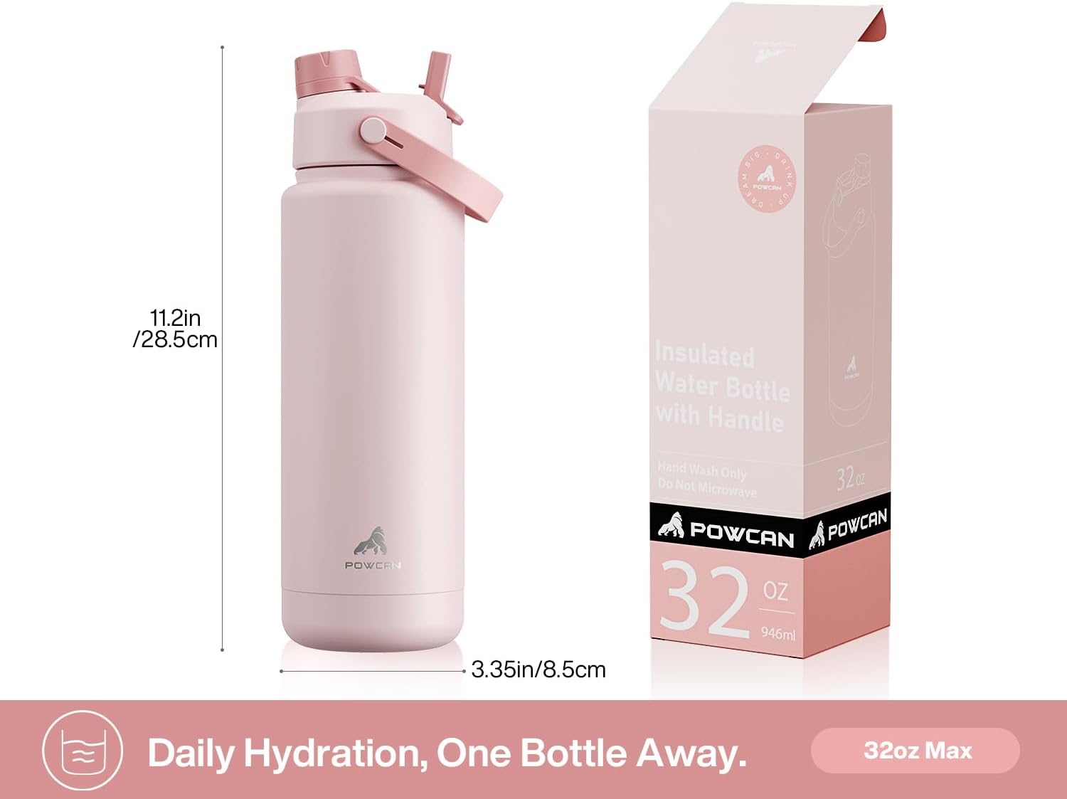 POWCAN 40 oz Insulated Water Bottle - 2-in-1 Straw & Spout Lid | Keeps Drinks Cold 24H, BPA-Free (Rosy Bouquet)