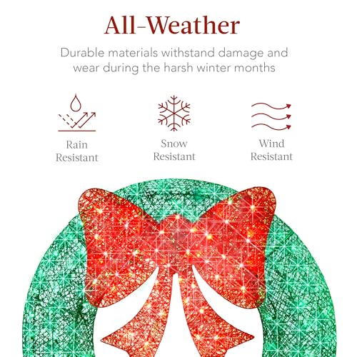 36in Pre-Lit Outdoor Christmas Wreath with 120 LED Lights & Red/Green Bow - Weatherproof Holiday Decor