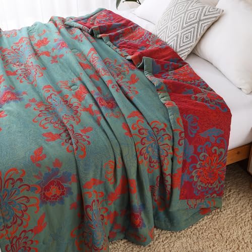 100% Cotton Red Floral Jacquard Quilt - Reversible Lightweight Bedspread