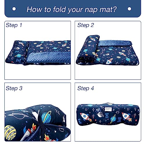 Toddler Nap Mat with Removable Pillow and Minky Blanket for Daycare