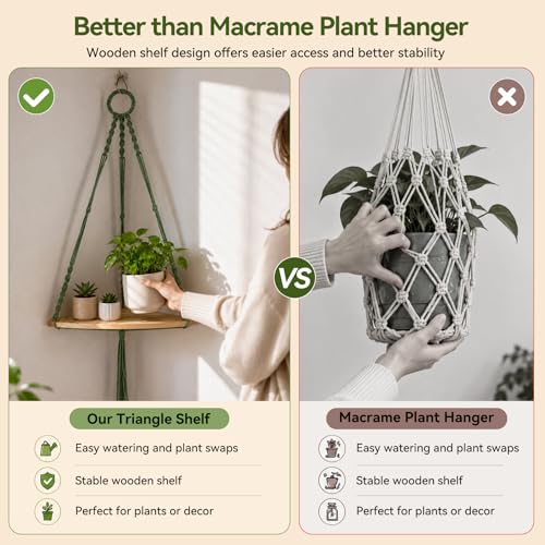 Macrame Corner Wall Shelf, Adjustable Boho Wood Floating Shelf for Plants