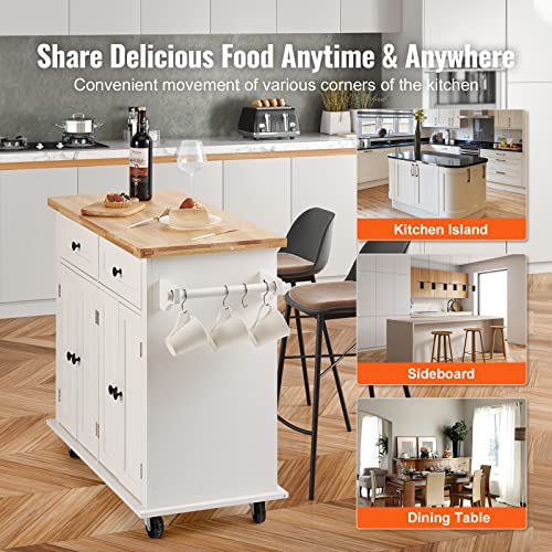 35.4" Rolling Kitchen Island Cart with Solid Wood Top & Storage, White