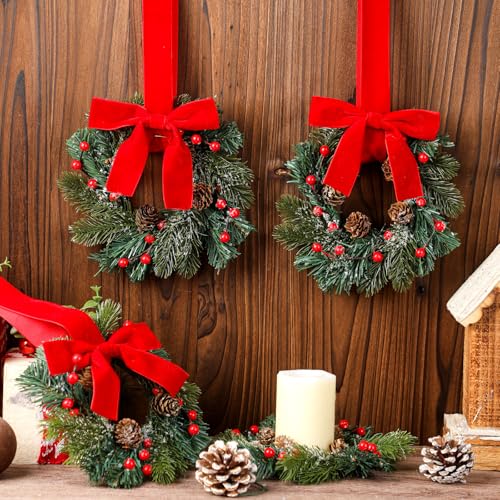 Knitgrip 4 Pcs Mini Christmas Wreaths with Red Bows & Pine Cones for Cabinets, Indoor Decor