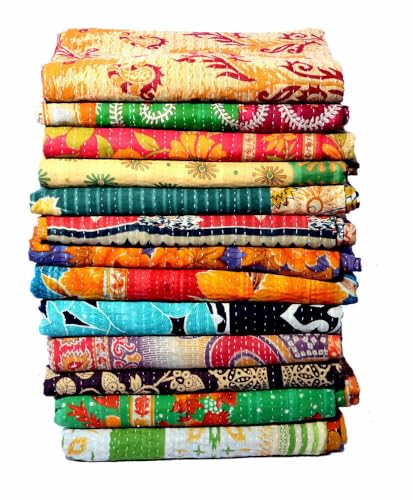Handmade Vintage Kantha Quilt - Reversible Cotton Throw Blanket (54 x 84 inches)
