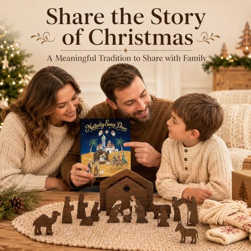 Hawkrown 16-Piece Wooden Nativity Set with Brown Finish for Indoor Christmas Decor