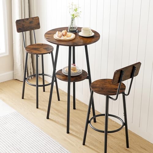 3-Piece Industrial Round Bar Table and Stools Set with Backrests