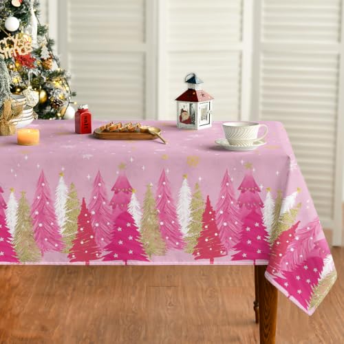 Horaldaily Christmas Tablecloth 60x140 Inch Pink Tree Border Washable Seasonal Table Cover for Holiday & Party Dining