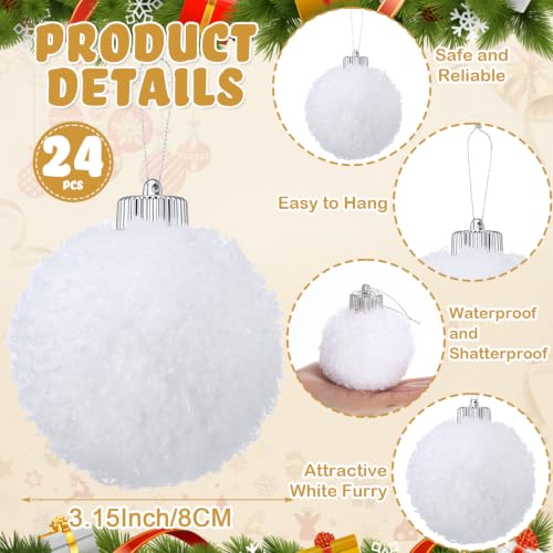 Soulchen 24 Pcs 3.15 Inch White Furry Christmas Ornaments Balls - Holiday Decor