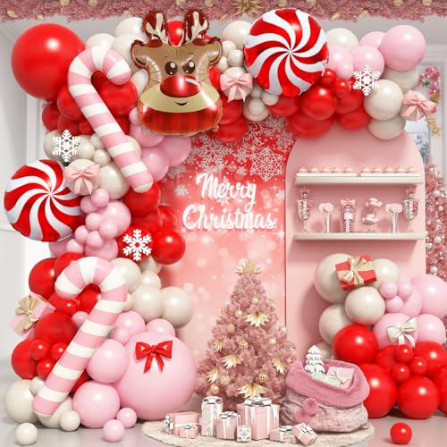 Froova Pink, Red & White Christmas Balloon Arch Kit with Reindeer & Candy Cane Foil Balloons – Includes 2 Pink, 2 Red Candy, Variety Balloons (Red/Pink/White)