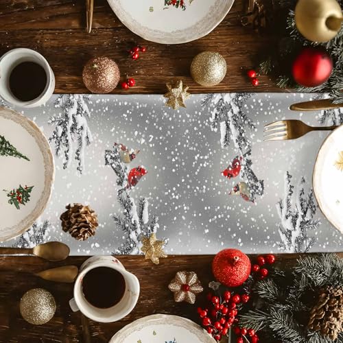 Ueplerts 13 x 72 Grey Christmas Table Runner – 72in Long Snowman Snowflake Farmhouse Decor
