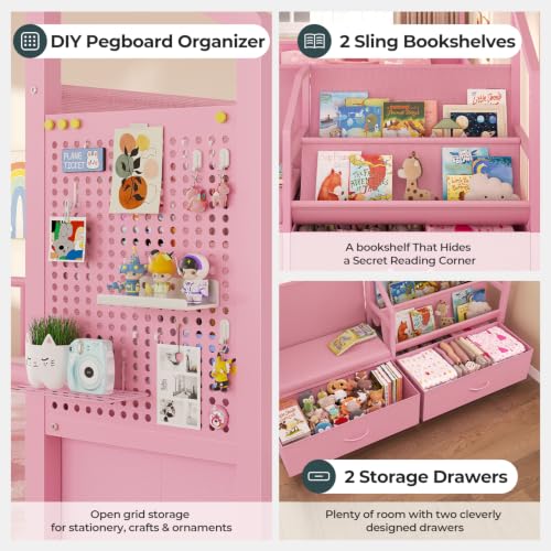 Montessori House Floor Bed with Reading Nook, Storage Drawers & Guardrails