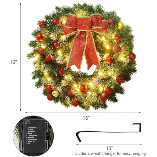 16-Inch Pre-Lit Christmas Wreath with Metal Hanger and LED Lights