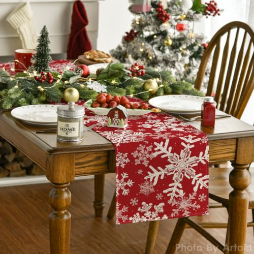Snowflakes Christmas Table Runner 13x108 Inch Red Holiday Decor