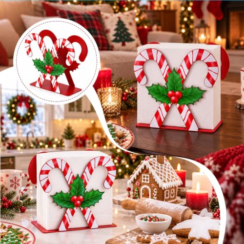 Christmas Candy Cane Napkin Holder - Rustic Red Metal Stand for Holiday Tables & Parties (Candy Canes)