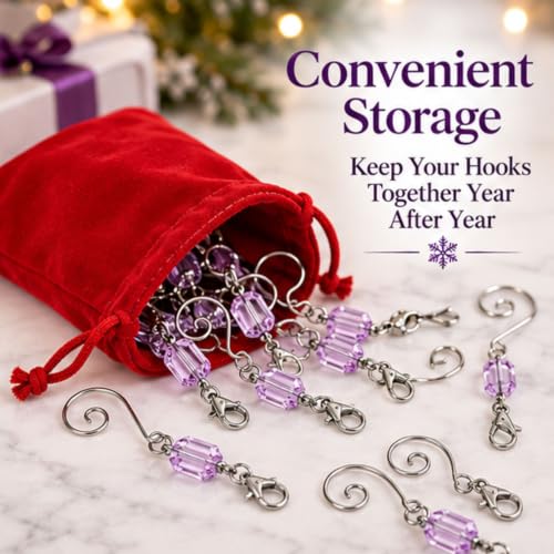 BANBERRY DESIGNS 20 Pack Light Purple Acrylic Gem Christmas Ornament Hooks, 3 Inch Tree Hangers