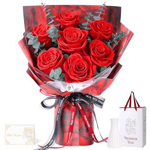 Preserved Red Rose Bouquet with Vase, 7 Real Roses for Anniversary Gift