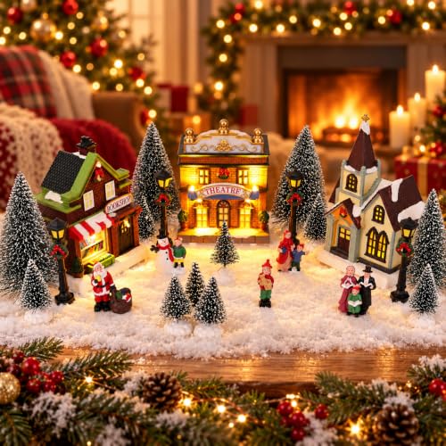 MEETYAMOR Lighted Christmas Village Set - 24 Pcs Holiday Mini Town Decor