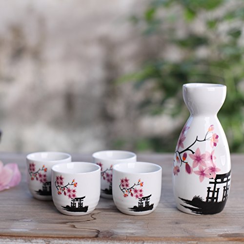 Tosnail Pink Sakura Ceramic Sake Set - 1 Carafe & 4 Cups, Gift Idea