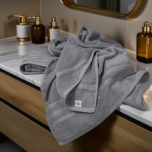 4-Piece 100% Cotton Bath Towel Set - 27x54 Inches, Quick-Dry Dark Grey