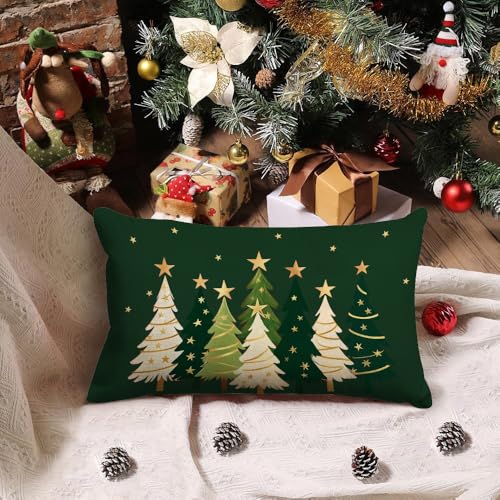 JOOCAR 16x24 Inch Watercolor Christmas Tree Pillow Cover Green Linen Holiday Decor Pack of 1