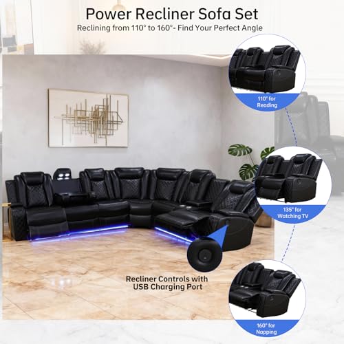 Power Reclining Leather Sectional Sofa with LED Lights and Storage Console