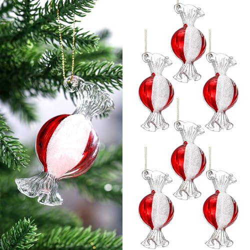 6 Pack Christmas Candy Ball Glass Ornaments - Red and White, 3.15 Inch Holiday Decor