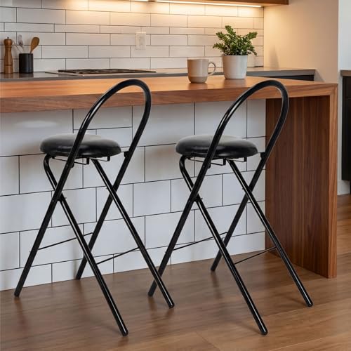 24-Inch Folding Bar Stools with Backrest, 4-Piece Set - Black Leather Padded
