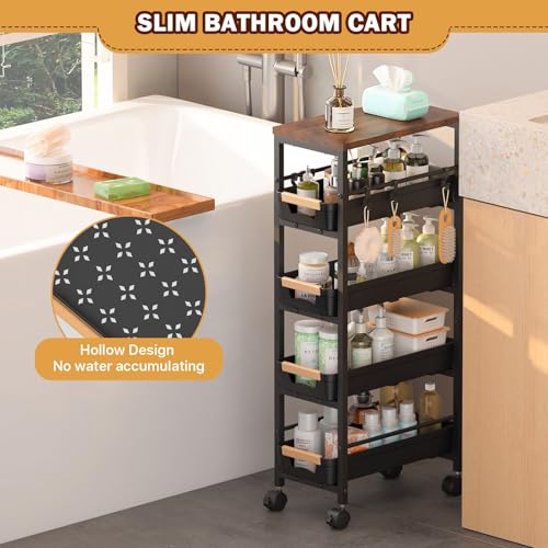 5-Tier Slim Storage Cart with Wheels & Wooden Top, Narrow Utility Cart