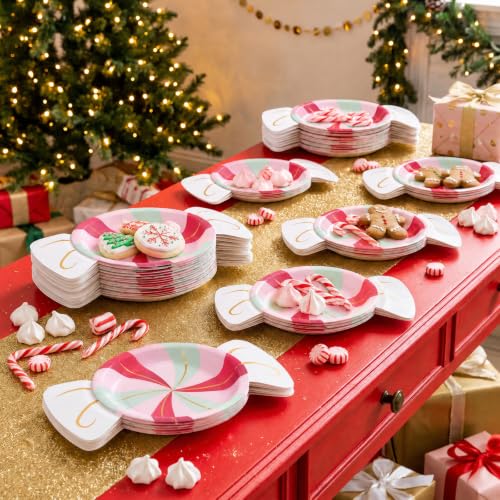 Maxdot 60 Pcs Candy-Shaped Christmas Paper Plates - Pastel Party Supplies