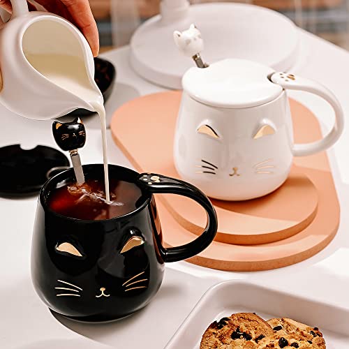 Black 2 Pack Cat Mug with Lid & Kitty Spoon - 13oz Ceramic Gift for Cat Lovers
