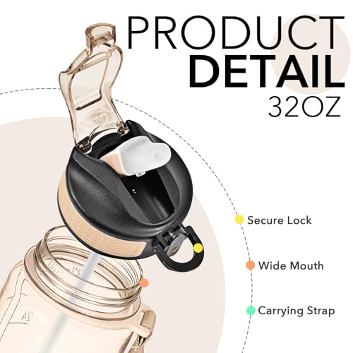 Hyeta Clear Amber 32oz Water Bottle with Straw & Time Marker, Leakproof BPA-Free Tritan