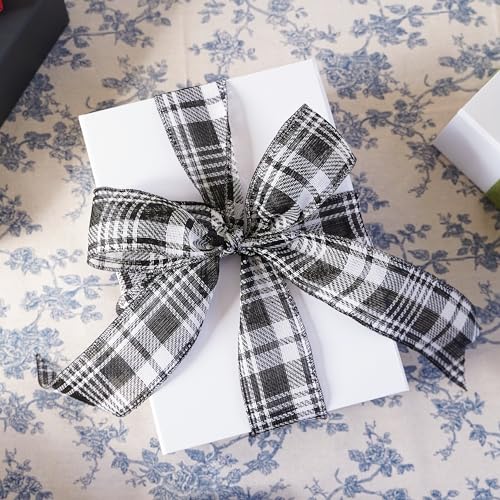 MEEDEE Black & White Wired Ribbon 2.5 Inch Christmas Plaid 25 Yards