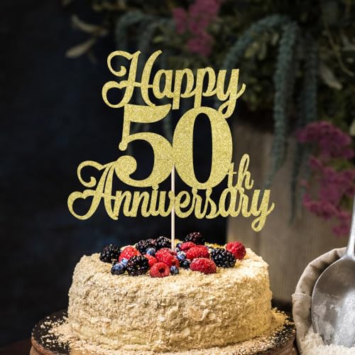 Gold Glitter 50th Anniversary Cake Topper | Happy Birthday Decoration