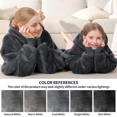 Touchat Grey Wearable Blanket Hoodie for Kids & Teens 6-13, Oversized Sherpa Fleece with Pocket