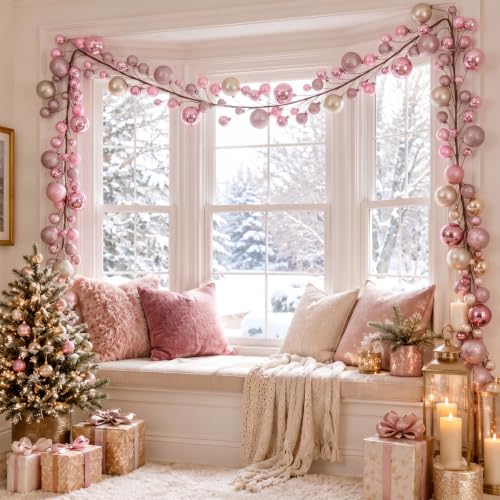 Yuxung 2 Pcs 6 ft Pink & Champagne Gold Christmas Garland - Pink/Champagne Gold 6 ft each