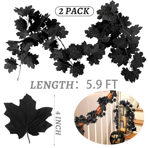 Black Maple Leaf Halloween Garland - 11.8 ft Artificial Fall Vines (2 Pack)