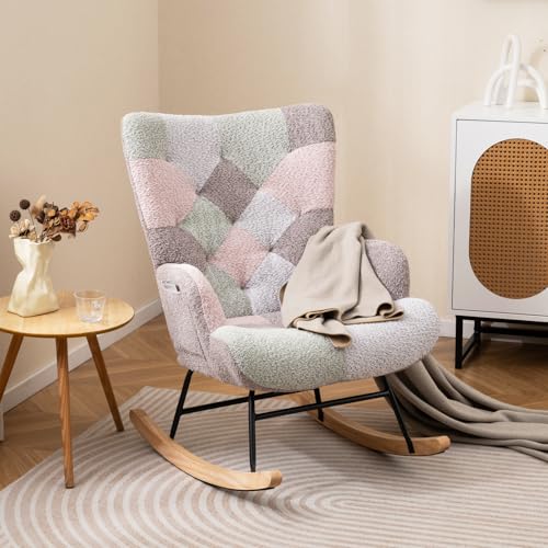 Boucle Upholstered Rocking Chair with High Backrest and Side Pocket