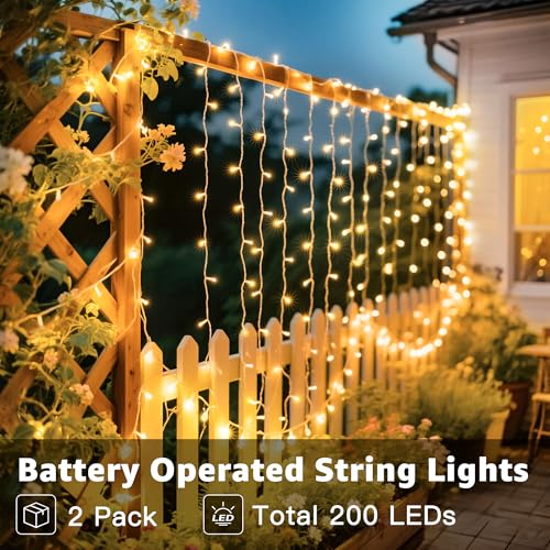 Ollny 2 Pack Battery Operated String Lights 200 LEDs Warm White Clear Wire - Indoor Outdoor Waterproof Decor