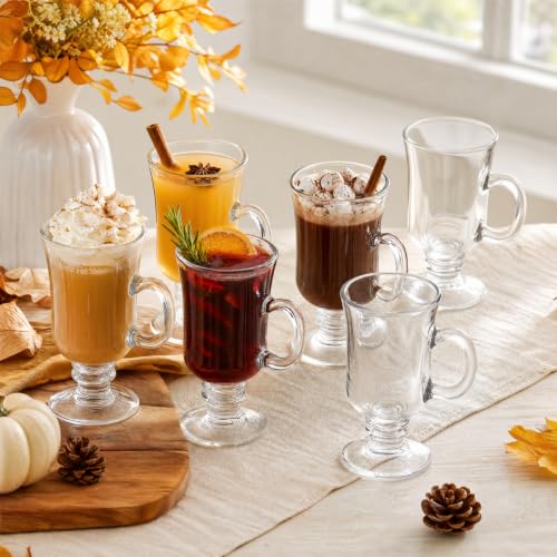 Dicunoy 6-Pack 8oz Clear Glass Irish Coffee Mugs with Handles - Stemmed Pedestal Cups for Cappuccino, Latte, Smoothies, Gift