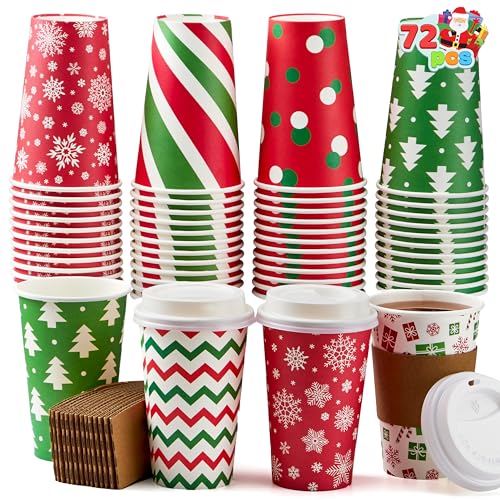 JOYIN Classic 72-Pack Christmas Disposable Paper Cups 16 oz with Lids & Sleeves