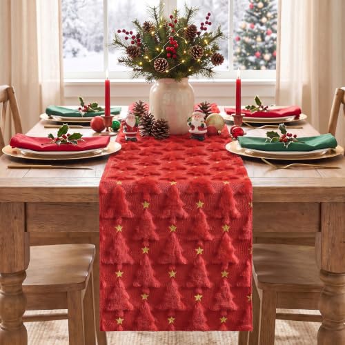 Artoid Mode Christmas Table Runner 13x36 Inch Red Gold Faux Fur Jacquard Holiday Decor