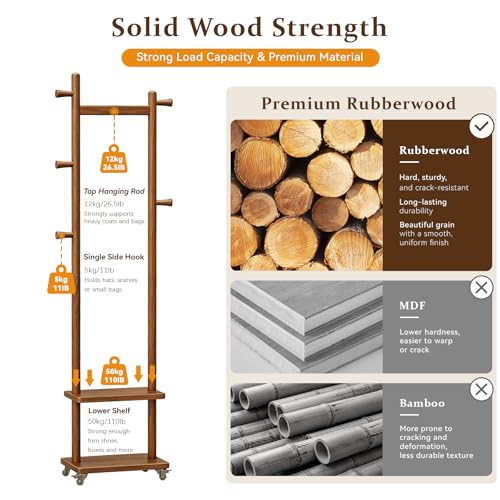 Freestanding Solid Wood Coat Rack with Wheels, 5 Hooks & 2 Storage Shelves