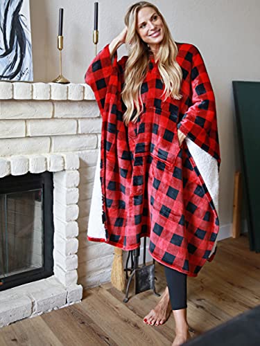 Tirrinia Super Soft Sherpa Fleece Wearable Poncho Blanket for Adults & Kids - Red Plaid
