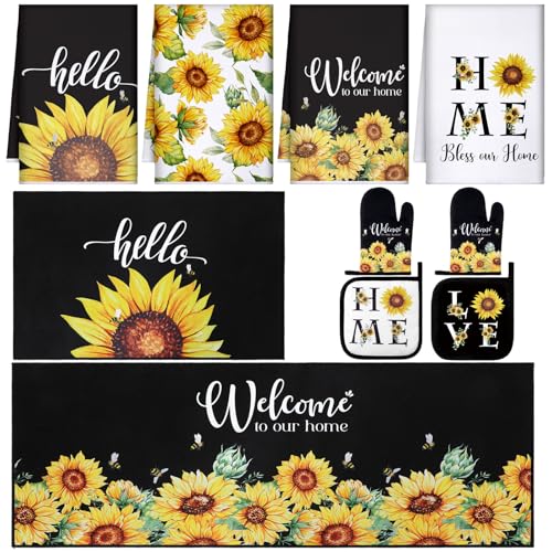10-Piece Sunflower Kitchen Decor Set: Towels, Rugs, Oven Mitts & Pot Holders