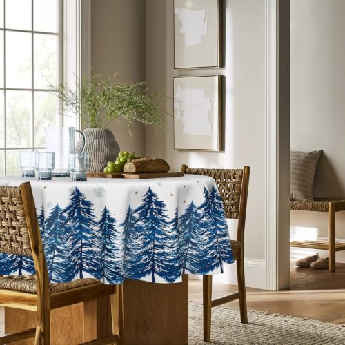 Horaldaily 90-Inch Blue Christmas Round Tablecloth with Pine Tree Snow Design