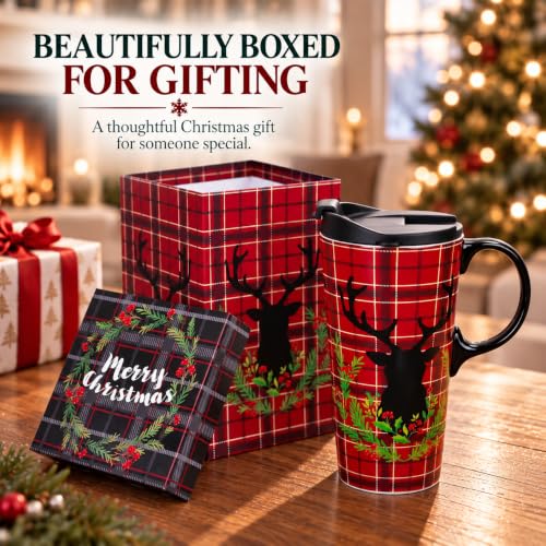 Topadorn Christmas Plaid Deer Ceramic Coffee Mug with Lid, 17oz Travel Cup
