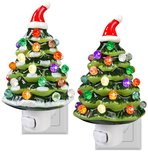 IKSII 2 Pack Ceramic Christmas Tree Night Lights, 6.3" Plug-In, 360° Swivel, Vintage Nostalgic Warm White Light