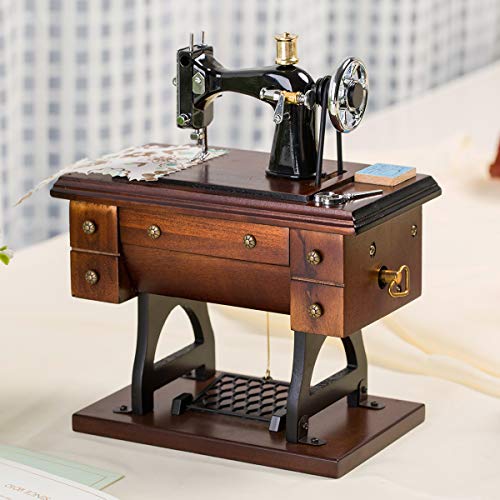 Vintage Sewing Machine Music Box, Wooden Wind-Up Mechanical Musical Gift